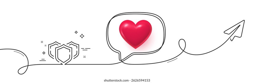Shields line icon. Continuous line with share plane. Privacy secure sign. Safe defense symbol. 3d heart in speech bubble. Shields single line ribbon. Loop curve pattern. Vector