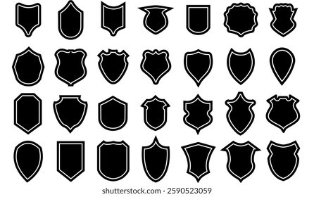 Shields police badge set vector. Security black labels illustration. Shield blank emblems, military shield silhouettes