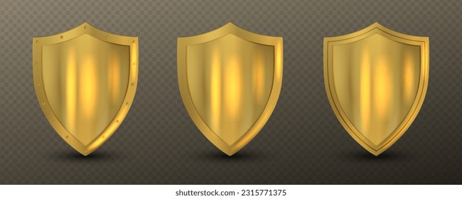 Shields with reflection in shiny gold frames set. Realistic isolated golden trophy, 3d luxury safety protection emblems. Military armor in front