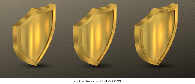 Shields with reflection in shiny gold frames set. Realistic isolated golden trophy, 3d luxury safety protection emblems. Military armor in front