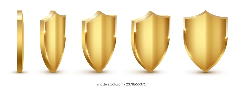 Shields with reflection in shiny gold frames set. Collection of military armor in front, side view isolated on white background. Vector illustration of medieval ammunition, war trophy, heraldic symbol