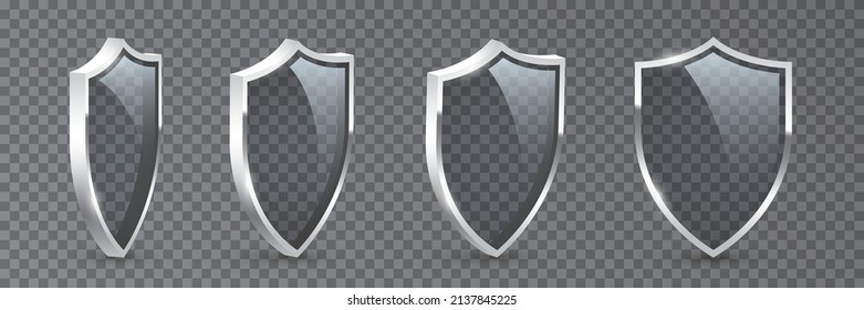 Shields with reflection in shiny silver frames set. Collection of military armor in front, side view isolated on transparent background. Vector illustration of medieval ammunition, war trophy