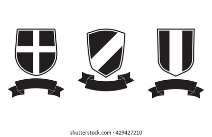 Shields with ribbon icon set. Different shield shapes collection. Heraldic royal design. Vector illustration.