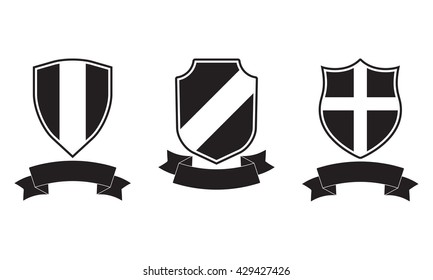 Shields with ribbon icon set. Different shield shapes collection. Heraldic royal design. Vector illustration.