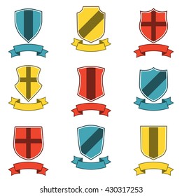 Shields with ribbon icon set. Different shield shapes collection. Heraldic royal design. Vector illustration.