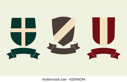 Shields with ribbon icon set. Different shield shapes collection. Heraldic royal design. Vector illustration.