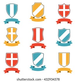 Shields with ribbon icon set. Different shield shapes collection. Heraldic royal design. Vector illustration.