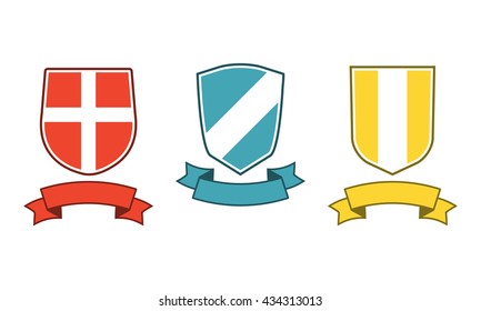 Shields with ribbon icon set. Different shield shapes collection. Heraldic royal design. Vector illustration.