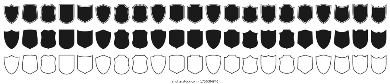 Shields set. Collection of security shield icons with contours and linear signs. Design elements for concept of safety and protection. Vector illustration.