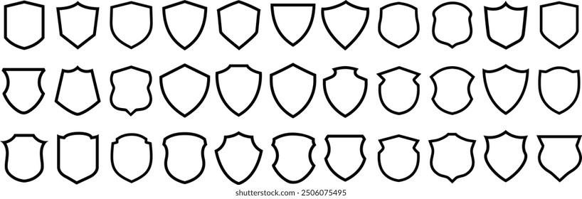 Shields set. Collection of security shield icons. Shield icon. Heraldic shields, security black labels, contours and linear signs. Vector illustration