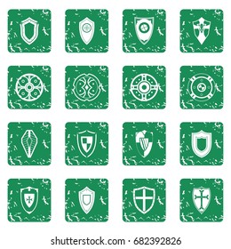 Shields set in grunge style green isolated vector illustration