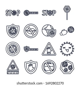 escuda y detenga el conjunto de iconos covid19, sobre fondo blanco, estilo de línea, ilustración vectorial