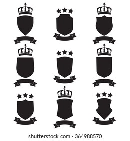 Shields and stylish ribbon set isolated on white background. Collection of different black shield shapes with ribbon, crown and stars. Heraldic royal design. Vector illustration.