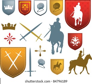 shields, swords, horses and other styles of tudor or elizabethan style old designs