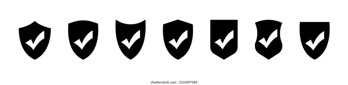 Shields with ticks collection. Black shields with checkmarks vector icons set, isolated on white background. Tick on shield icon set. Vaccination confirmation icons. Vector graphic Vector EPS