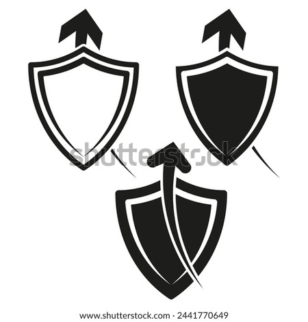 Shields with upward arrows. Protection and security icons. Growth defense concept. Vector illustration. EPS 10.