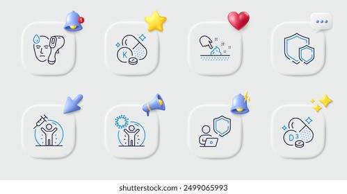 Shields, Vitamin k and Electronic thermometer line icons. Buttons with 3d bell, chat speech, cursor. Pack of Shield, Cholecalciferol, Vaccine protection icon. Vector