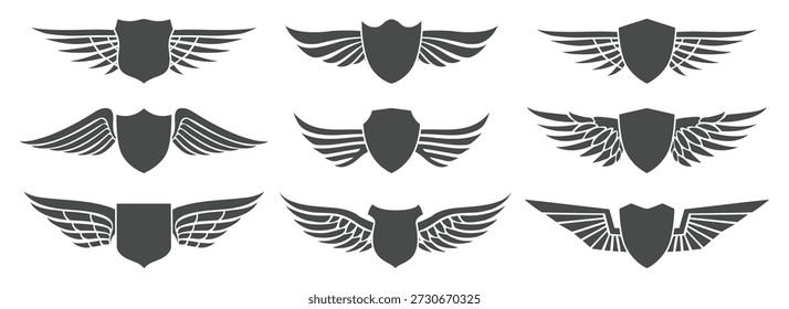 Escudos con alas. Ilustración vectorial de colección de icono de logotipo de escudos alados negros