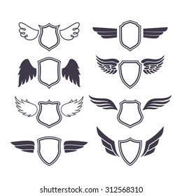 Shields with Wings. Vector Silhouettes. Heraldic Design Elements for Logos, Emblems, Badges and Labels.