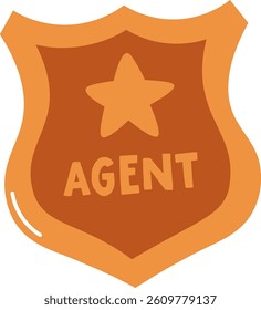 A shield-shaped badge with a star and the word 'agent' in bold letters, drawn in a simple cartoon style. The badge features a prominent star symbol and text in a playful format. Cartoon vector