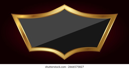 A shield-shaped element with a gold frame and a glossy dark center.