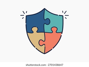 Um emblema em forma de escudo composto por quatro peças de quebra-cabeça interligadas em cores diferentes, simbolizando unidade e proteção.