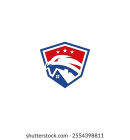 A shield-shaped logo featuring an eagle head with three stars above it. The eagle's head forms the roof of a house, with a window and door visible. The shield is divided into red and blue sections