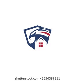 A shield-shaped logo featuring an eagle head with a red stripe across its beak. The eagle's head forms the roof of a house, with a window visible. The shield is divided into blue and white sections.