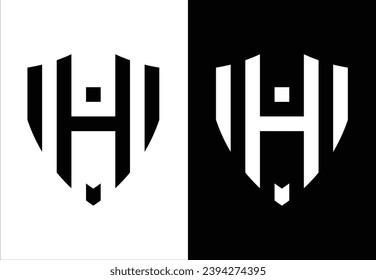SHIELD-SHAPED VECTOR MONOGRAM DESIGN FORMING THE LETTER "H". BLACK AND WHITE BACKGROUND.