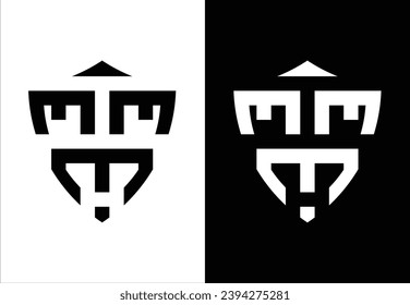 SHIELD-SHAPED VECTOR MONOGRAM DESIGN FORMING THE LETTER "M". BLACK AND WHITE BACKGROUND.