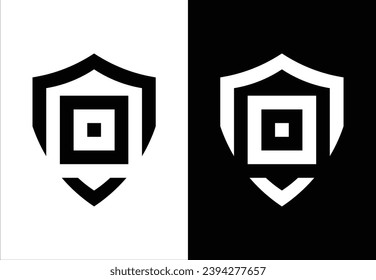 SHIELD-SHAPED VECTOR MONOGRAM DESIGN FORMING THE LETTER "O". BLACK AND WHITE BACKGROUND.