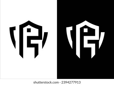 SHIELD-SHAPED VECTOR MONOGRAM DESIGN FORMING THE LETTER "R". BLACK AND WHITE BACKGROUND.