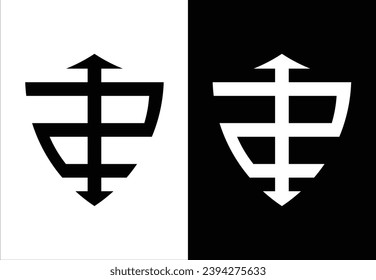 SHIELD-SHAPED VECTOR MONOGRAM DESIGN SHAPING THE LETTER "S". BLACK AND WHITE BACKGROUND.