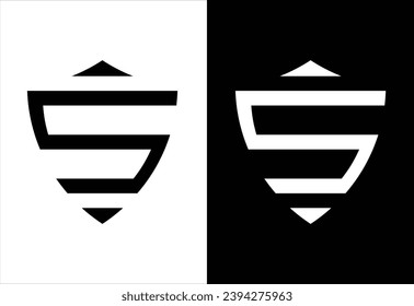 SHIELD-SHAPED VECTOR MONOGRAM DESIGN SHAPING THE LETTER "S". BLACK AND WHITE BACKGROUND.