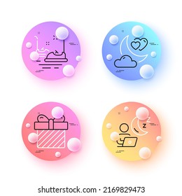 Shift, Bumper cars and Love night minimal line icons. 3d spheres or balls buttons. Surprise icons. For web, application, printing. Night office, Carousels, Romantic evening. Present with bow. Vector