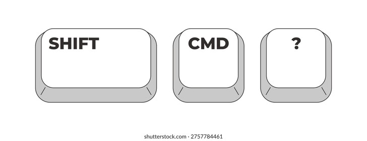 Shift CMD Question grayscale keyboard hotkey. Open help menu in applications. User assistance support. Minimal shortcut keys. Monochrome combination buttons for productivity. Vector illustration