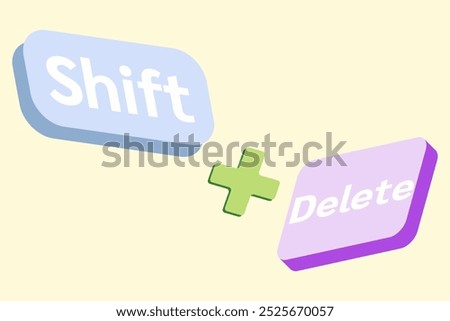 Shift Delete Keyboard Keys: Pastel-colored, 3D-rendered keyboard keys illustrating the "Shift + Delete" shortcut. Perfect for tutorials, presentations.
