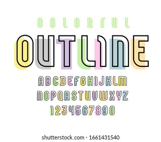 Shift font, urban modern trendy alphabet, stylish letters made of black outline and pastel colors pieces, vector illustration 10EPS