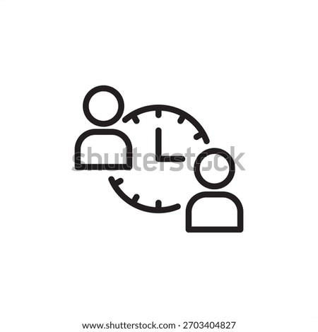 Shift Handover icon symbolizing personnel transition and communication. Features a clock between two figures, representing change of shift, operational updates, and ensuring continuous workflow.