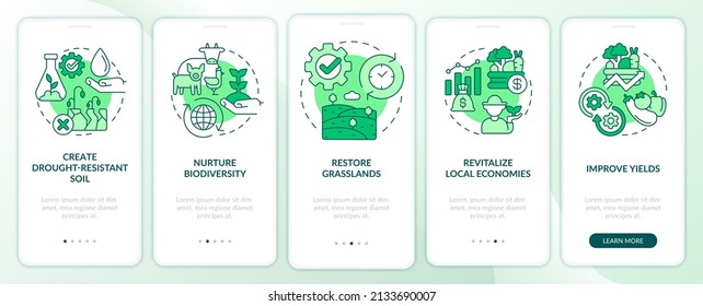 Shift To Regenerative Culture Green Onboarding Mobile App Screen. Farm Walkthrough 5 Steps Graphic Instructions Pages With Linear Concepts. UI, UX, GUI Template. Myriad Pro-Bold, Regular Fonts Used