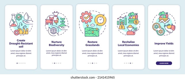 Shift To Regenerative Culture Onboarding Mobile App Screen. Agriculture Walkthrough 5 Steps Graphic Instructions Pages With Linear Concepts. UI, UX, GUI Template. Myriad Pro-Bold, Regular Fonts Used