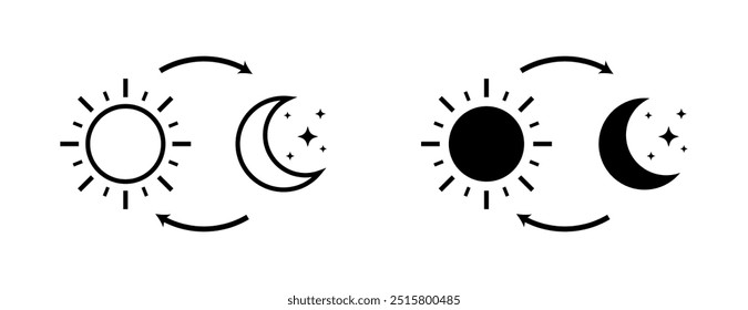 Cambia los iconos de sol y luna. Estilo lineal y de silueta. Iconos del vector.