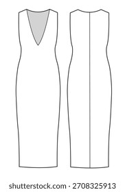 Shift v neck dress flat drawing vector design mockup template.