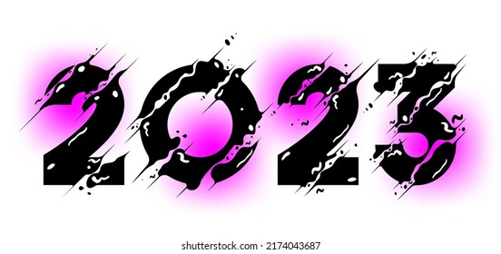 Shifted 2023 number design. Sliced liquify Modern Typography. 2023 calendar header. Happy New Year greeting card. Christmas celebration. Typography minimal trendy poster, banner or logo text design.