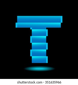 Shifted font letter T, neon, light, dark, blue, night