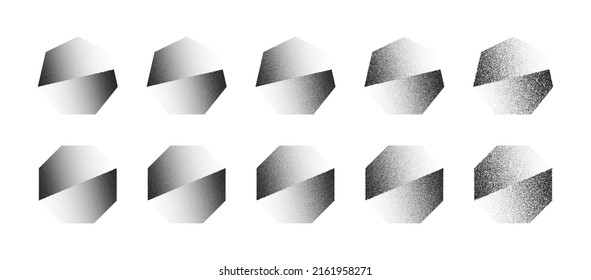 Shifted Polygons Abstract Heptagon And Octagon Dotwork Stipple Art Vector Set In Different Variations Isolated On White. Various Degree Black Noise Dotted Figures Design Elements Texture Collection