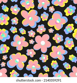 Shifted retro floral seamless repeat pattern. Random placed, vector imperfect vibrant flowers all over print on black background.