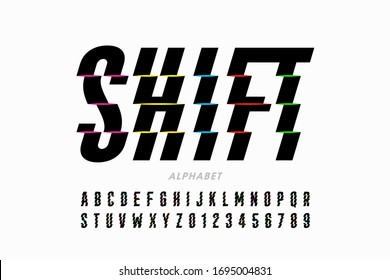 Shifted style modern font, alphabet letters and numbers vector illustration