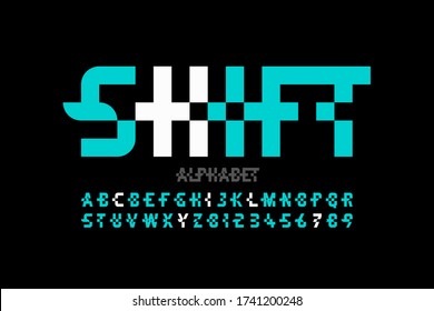 Shifted style modern font, alphabet letters and numbers, vector illustration