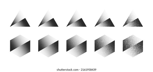 Shifted Triangle And Hexagon Dotwork Stipple Art Abstract Vector Set In Different Variations Isolated On White Background. Various Degree Black Noise Dotted Figures Design Elements Texture Collection